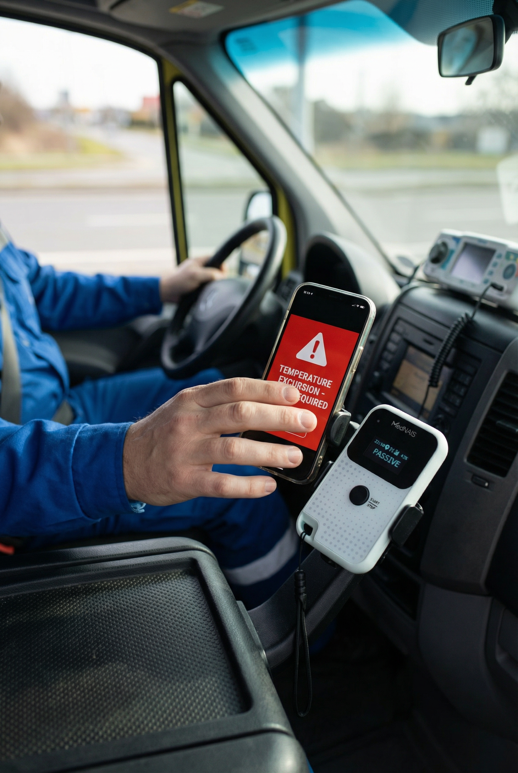 Courier receives an alert while transporting samples with MedNAIS™ Logger